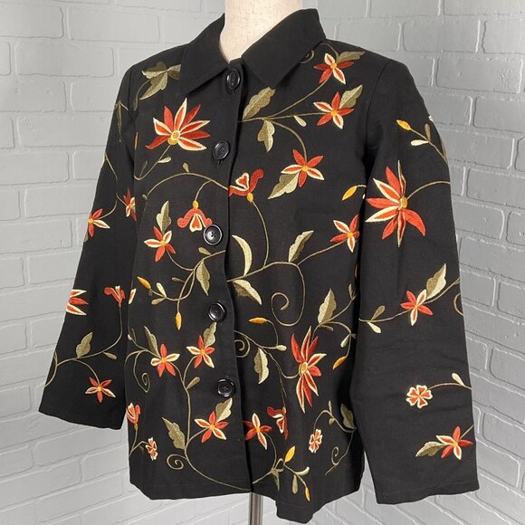 Brownstone Studios Jacket Women P Medium Black Orange Floral Embroider Shacket - Picture 1 of 11